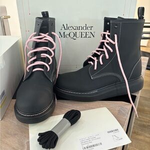 Alexander McQueen Black Leather Boots with Pink Laces, New in Box